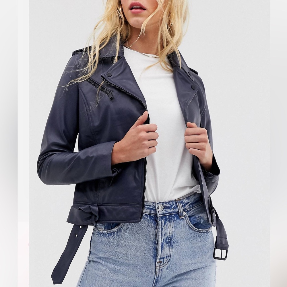 Barney’s originals colored leather biker jacket navy sz medium